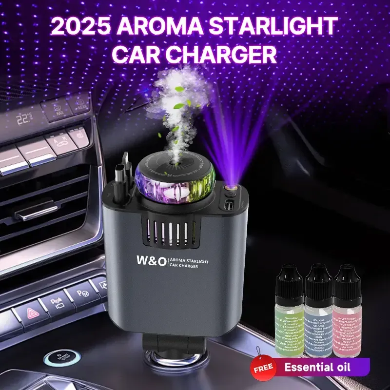 Chargeur de voiture rétractable W&O Aromatic Starlight avec câble Lightning, double port de charge et adaptateur de charge rapide - Rouge