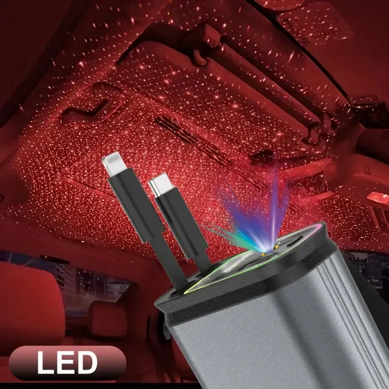 Chargeur de voiture rétractable W&O Aromatic Starlight avec câble Lightning, double port de charge et adaptateur de charge rapide - Rouge