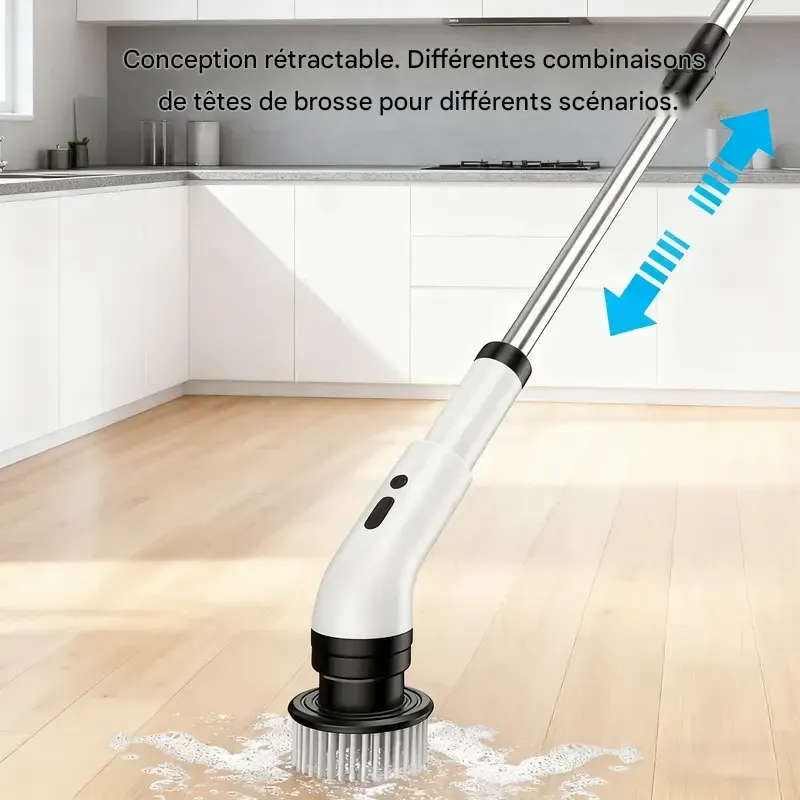 Brosse de nettoyage électrique rotative sans fil, étanche IPX7, utilisable sur de nombreuses surfaces, longue autonomie, 5 vitesses réglables, poignée extensible, 9 têtes de brosse interchangeables, kit de nettoyage multi-usages pour salle de bain et cuisine.