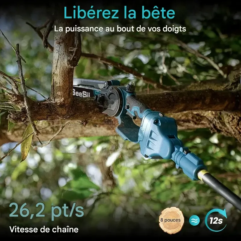 Scie à perche sans fil 2 en 1 SeeSii Power de 20 cm (8 pouces) pour l'élagage d'arbres, avec 2 batteries de 4,0 Ah, tronçonneuse avec rallonge, coupe-branches P8 Ace CS300Pro-APS61 CH800B