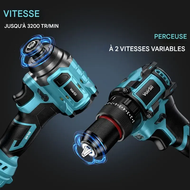 Kit combiné perceuse sans fil sans balais Seesii 3-8'' et visseuse à chocs 1-4'' avec 2 batteries, ensemble d'outils électriques sans balais 21 V Max avec chargeur rapide, offres du Black Friday