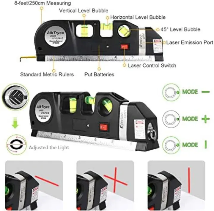 Niveau laser 4 en 1 Fixit Pro 3 Outil de mesure polyvalent 4 en 1 avec ruban de 8 pieds