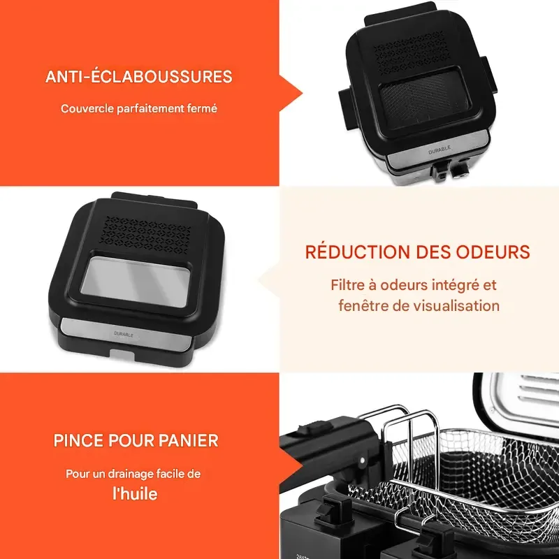 Friteuse SUSTEAS avec panier, friteuse électrique 1500 W, contrôle de la température, couvercle amovible, cuve intérieure antiadhésive de 2,6 L, facile à nettoyer.