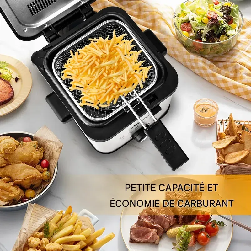 Friteuse SUSTEAS avec panier, friteuse électrique 1500 W, contrôle de la température, couvercle amovible, cuve intérieure antiadhésive de 2,6 L, facile à nettoyer.