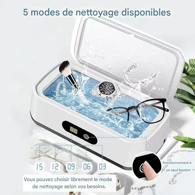 Nettoyeur à ultrasons avec cuve en acier inoxydable 304. Appareil de nettoyage sonique pour lunettes, bagues, bracelets de montre, prothèses dentaires, appareils de contention, pièces de monnaie, outils de maquillage et petites pièces métalliques. Usage domestique et en voyage.