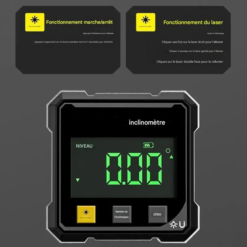 Inclinomètre magnétique numérique avec laser électronique, inclinomètre rechargeable, boîte à niveau magnétique robuste à 4 faces avec rétroéclairage LCD, rapporteur et inclinomètre pour le travail du bois, la construction et les machines. Marque : Agiufgs