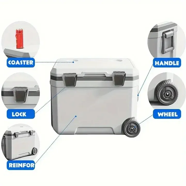 1pc Chariot extérieur de 11,89 gallons avec boîte isotherme à roulettes, boîte de stockage de nourriture fraîche de camping Support de voiture et support de bateau Réfrigérateur alimentaire de grande capacité