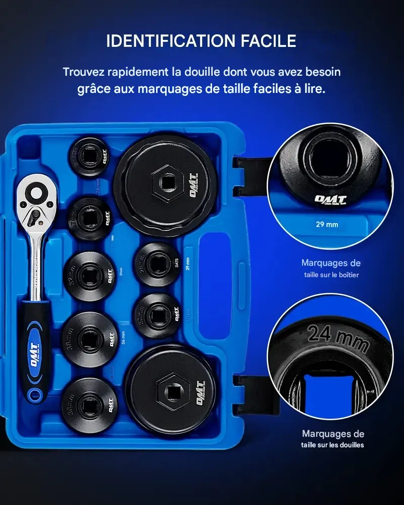 Jeu de 10 douilles Orion Motor Tech pour filtre à huile, profil bas, pour le démontage et la pose du bouchon de filtre à huile (24 mm, 27 mm, 29 mm, 30 mm, 32 mm, 36 mm, 38 mm). Compatible CR-V avec Toyota, VW, BMW et Mercedes. Entretien automobile.