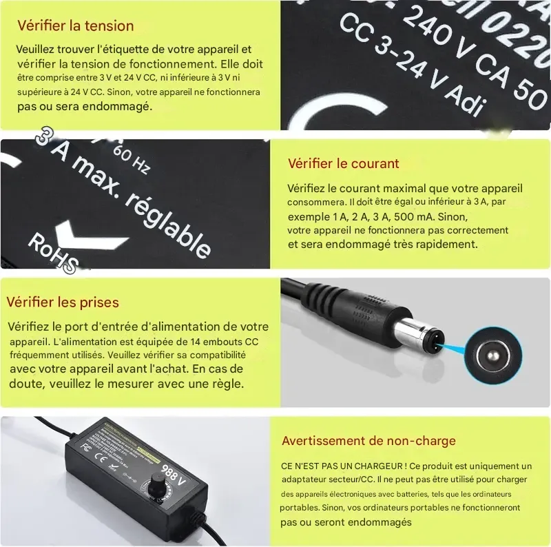 Alimentation universelle SnapFixMate, convertisseur de prise, réglable de 3,5 à 24 V à 2 A, adaptateur secteur CC, prise américaine, avec écran LCD et affichage numérique, câblage pour inversion de polarité inclus et 14 connecteurs.