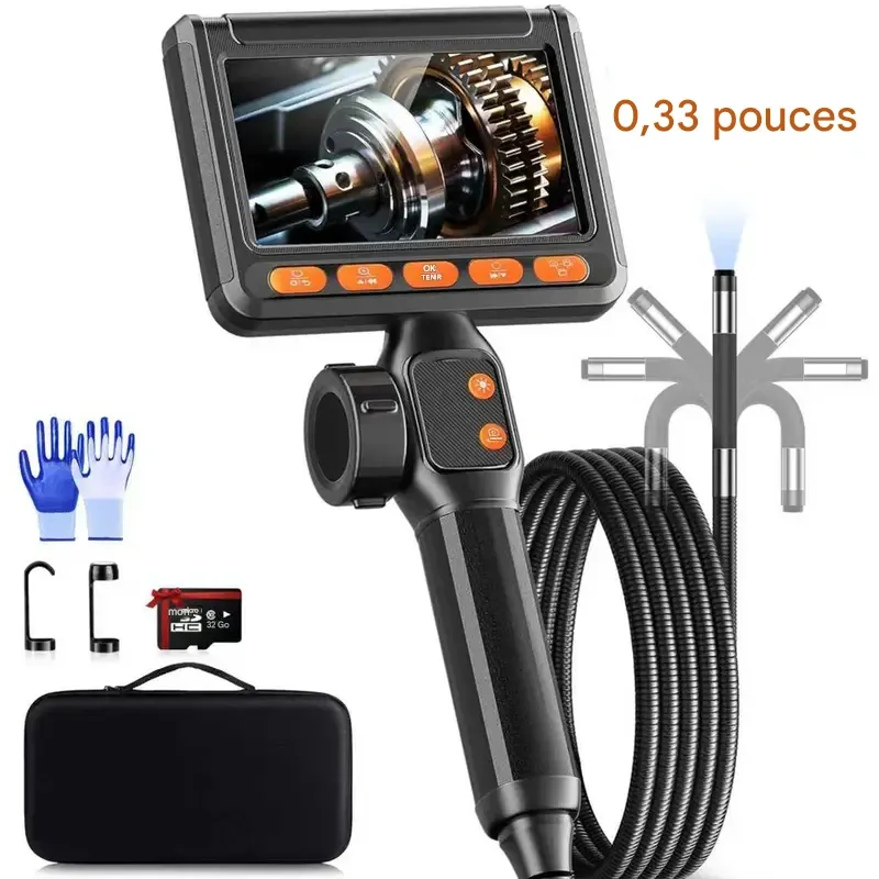 Caméra endoscopique bidirectionnelle SHEKAR 0,33 po x 0,23 po avec carte mémoire 32 Go, endoscope étanche rotatif à 360° avec lumière, caméra serpent articulée, idéale pour l'inspection automobile, mécanique, murale, de véhicules, de canalisations et le bricolage.
