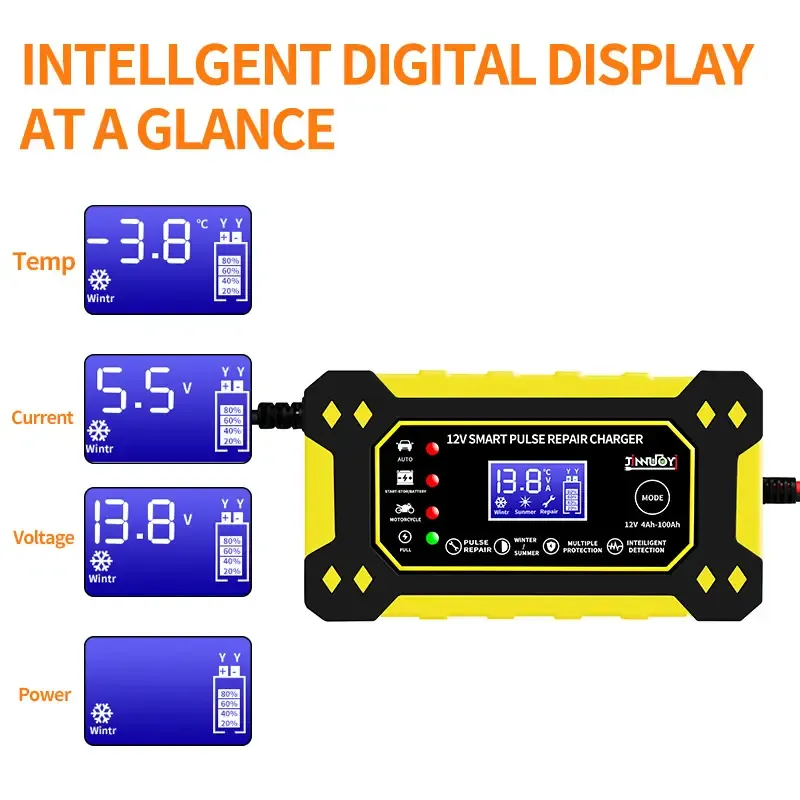 Chargeur de batterie intelligent 12 V 6 A avec réparation par impulsions et affichage numérique – Multimode, multiprotection pour batteries plomb-acide de voitures, motos et SUV (prise UE), batterie rechargeable
