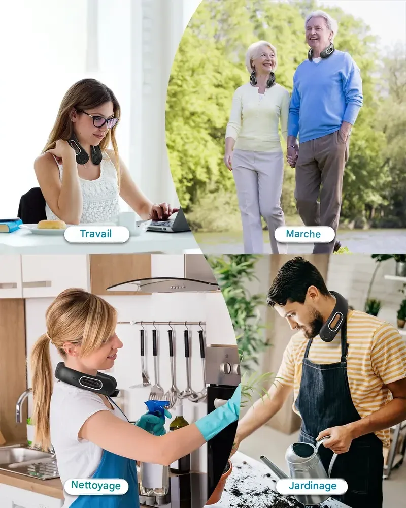 Ventilateur de cou mains libres sans pales, portable et rechargeable, avec ventilation à 360°, 4 vitesses, silencieux, batterie 5200 mAh, alimentation USB. Idéal comme cadeau pour les femmes, les voyages et les activités de plein air.
