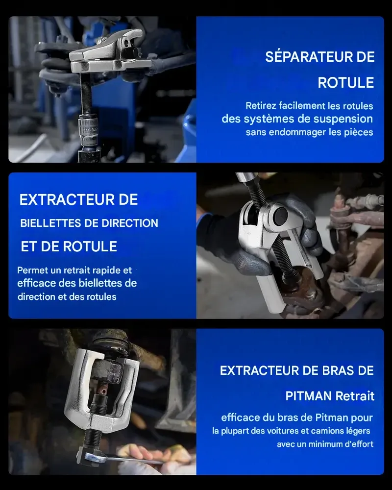 Kit d'outils multifonctions OMT 5 en 1 : séparateur de rotules robuste, extracteur de bras Pitman, kit d'outils pour embouts de biellette de direction, kit de démontage de séparateur. Idéal pour l'entretien du train avant, comme cadeau pour homme, pour la réparation automobile à domicile ou comme boîte à outils pour l'entretien automobile.