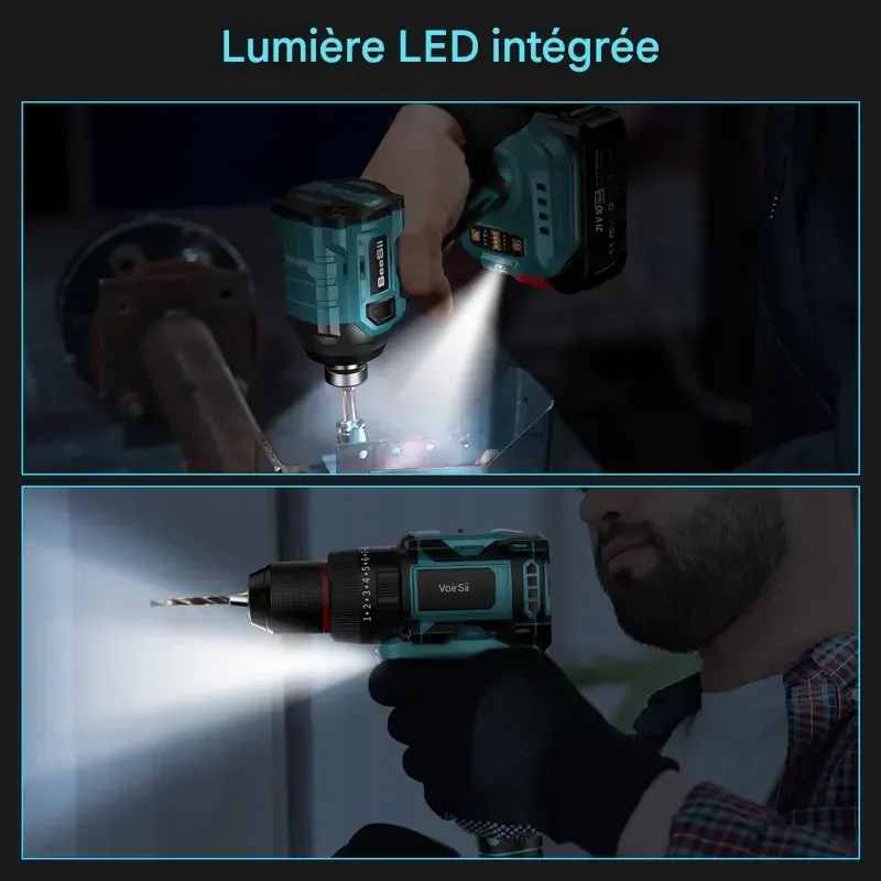 Kit combiné perceuse sans fil sans balais Seesii 3-8'' et visseuse à chocs 1-4'' avec 2 batteries, ensemble d'outils électriques sans balais 21 V Max avec chargeur rapide, offres du Black Friday