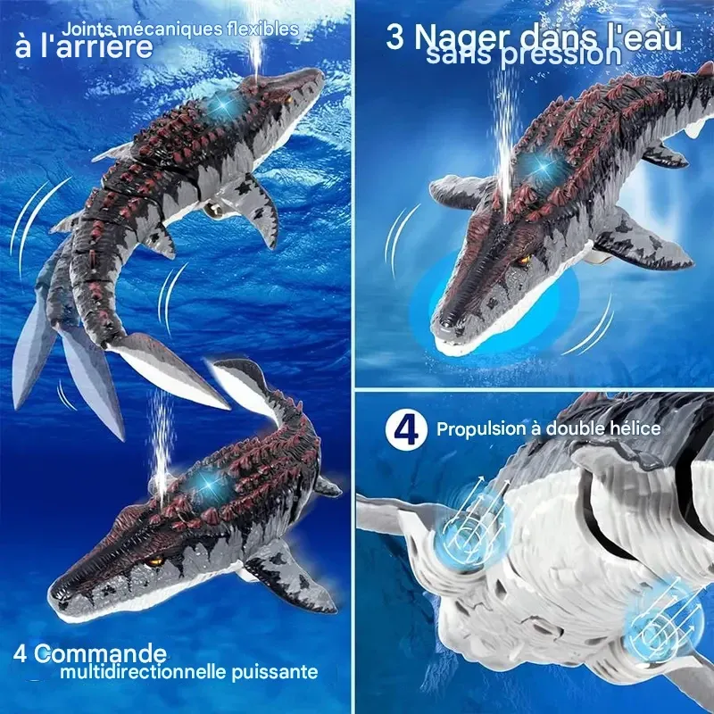 Dinosaure Mosasaure télécommandé, 1 dinosaure électrique rechargeable avec effets lumineux et jets d'eau, jouet pour la piscine, le bain, le lac et la mer