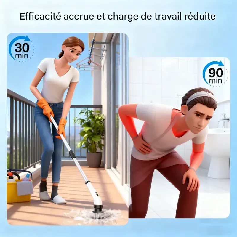 Brosse de nettoyage électrique rotative sans fil, étanche IPX7, utilisable sur de nombreuses surfaces, longue autonomie, 5 vitesses réglables, poignée extensible, 9 têtes de brosse interchangeables, kit de nettoyage multi-usages pour salle de bain et cuisine.