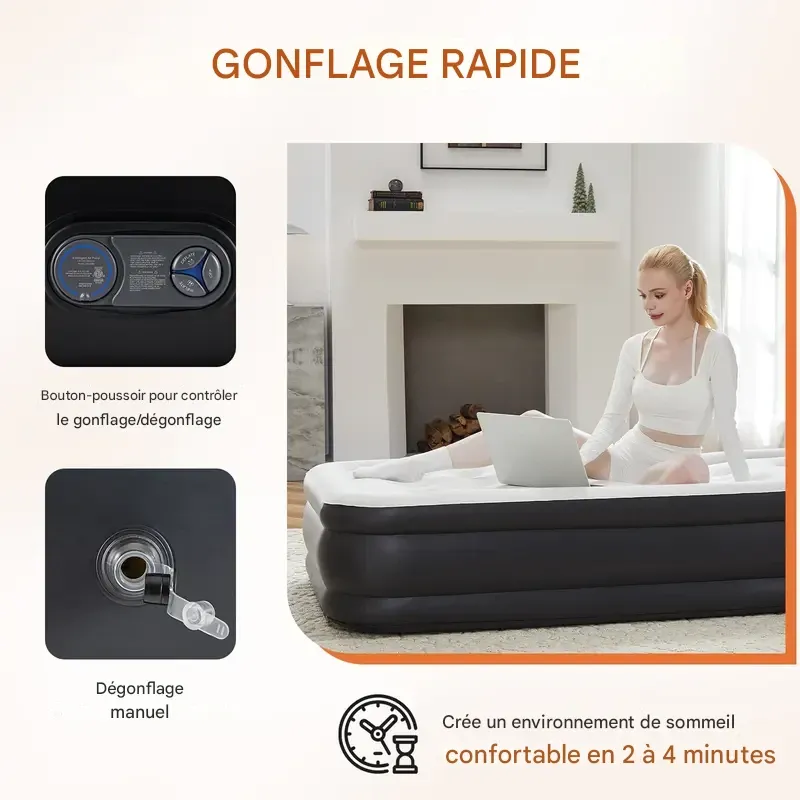 Matelas pneumatique gonflable avec pompe intégrée haute capacité, double hauteur, réglable et fond antidérapant.