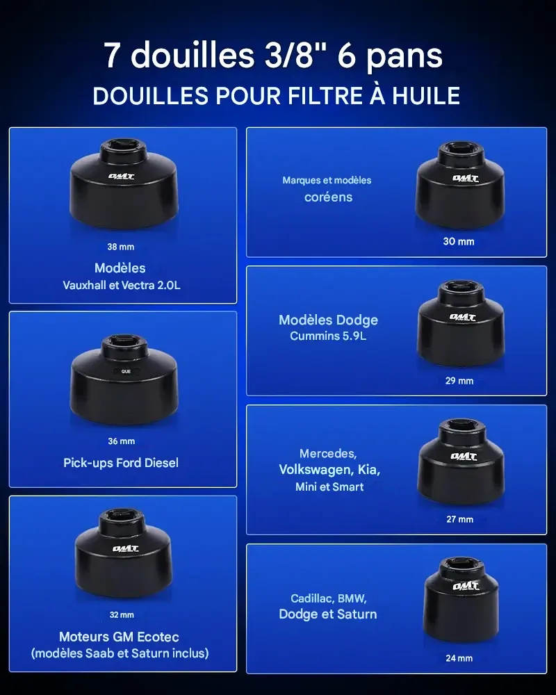 Jeu de 10 douilles Orion Motor Tech pour filtre à huile, profil bas, pour le démontage et la pose du bouchon de filtre à huile (24 mm, 27 mm, 29 mm, 30 mm, 32 mm, 36 mm, 38 mm). Compatible CR-V avec Toyota, VW, BMW et Mercedes. Entretien automobile.