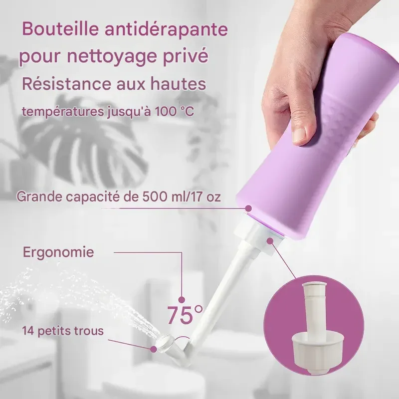 Flacon périnéal 500 ml (5 modèles) pour le post-partum, bidet portable, flacon périnéal indispensable après l'accouchement, flacon périnéal inversé pour la récupération post-partum, soins post-partum avec sac de transport, cadeau doux quotidien en silicone et plastique nettoyant pour maman