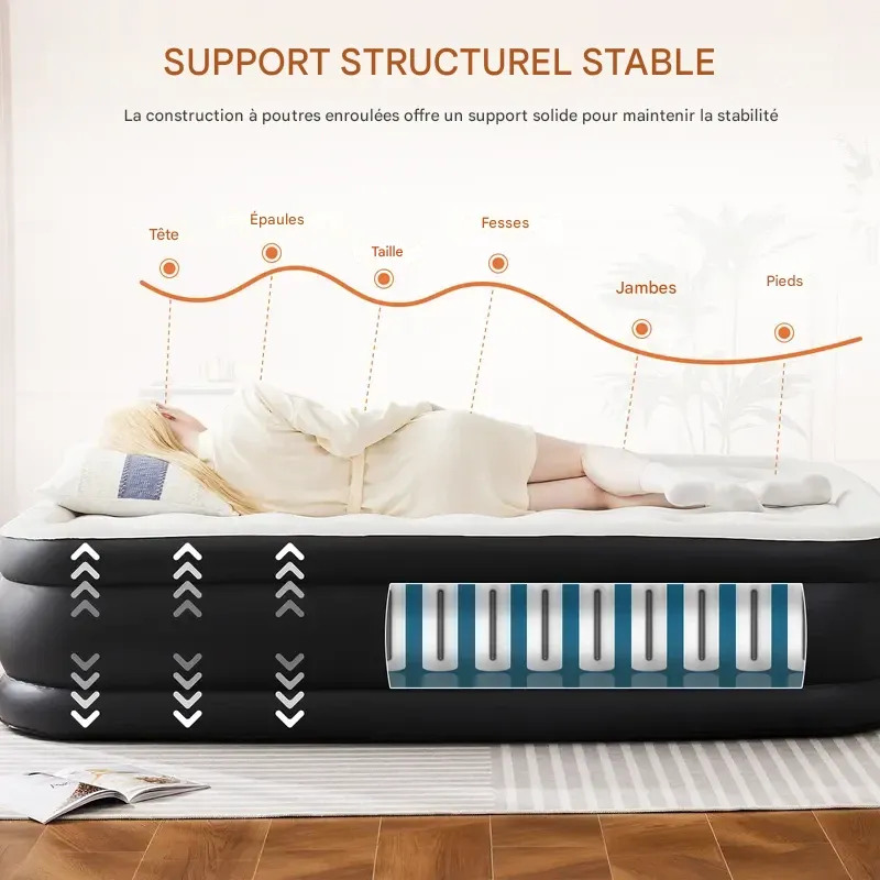 Matelas pneumatique gonflable avec pompe intégrée haute capacité, double hauteur, réglable et fond antidérapant.