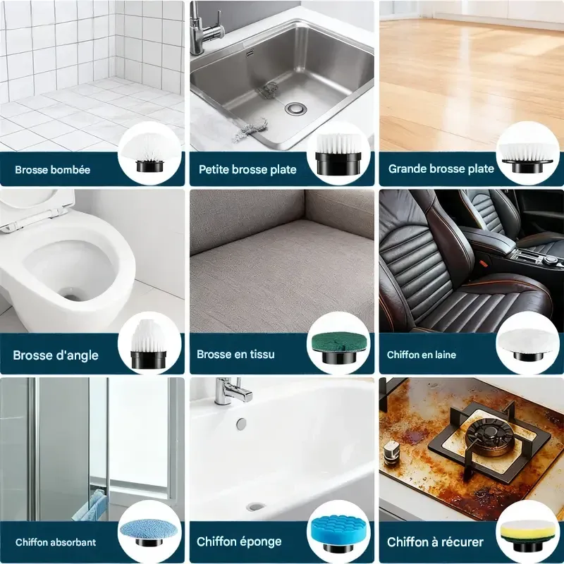 Brosse de nettoyage électrique rotative sans fil, étanche IPX7, utilisable sur de nombreuses surfaces, longue autonomie, 5 vitesses réglables, poignée extensible, 9 têtes de brosse interchangeables, kit de nettoyage multi-usages pour salle de bain et cuisine.