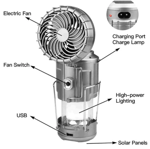 Ventilateur électrique portable extensible à batterie solaire au lithium + lampe de secours