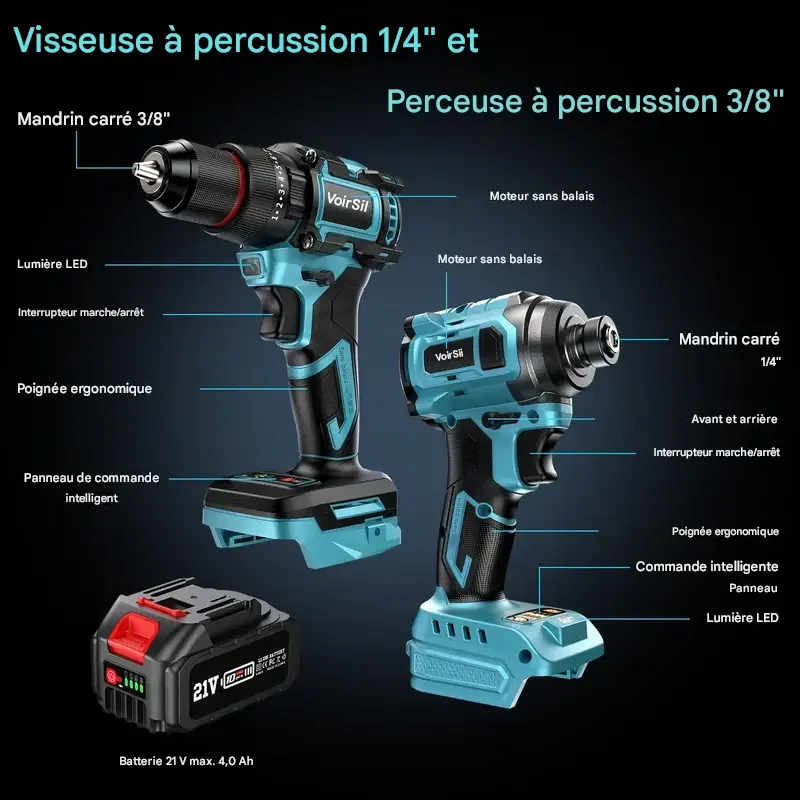 Kit combiné perceuse sans fil sans balais Seesii 3-8'' et visseuse à chocs 1-4'' avec 2 batteries, ensemble d'outils électriques sans balais 21 V Max avec chargeur rapide, offres du Black Friday