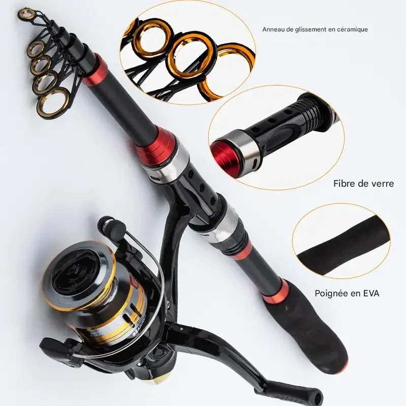 Kit d'accessoires de pêche portable pour la pêche en extérieur : canne à pêche télescopique de 1,8 m, moulinet, sac de pêche et leurres.