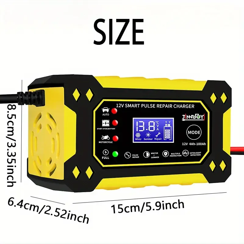Chargeur de batterie intelligent 12 V 6 A avec réparation par impulsions et affichage numérique – Multimode, multiprotection pour batteries plomb-acide de voitures, motos et SUV (prise UE), batterie rechargeable