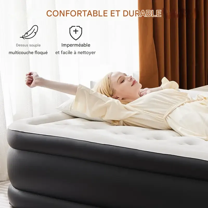 Matelas pneumatique gonflable avec pompe intégrée haute capacité, double hauteur, réglable et fond antidérapant.