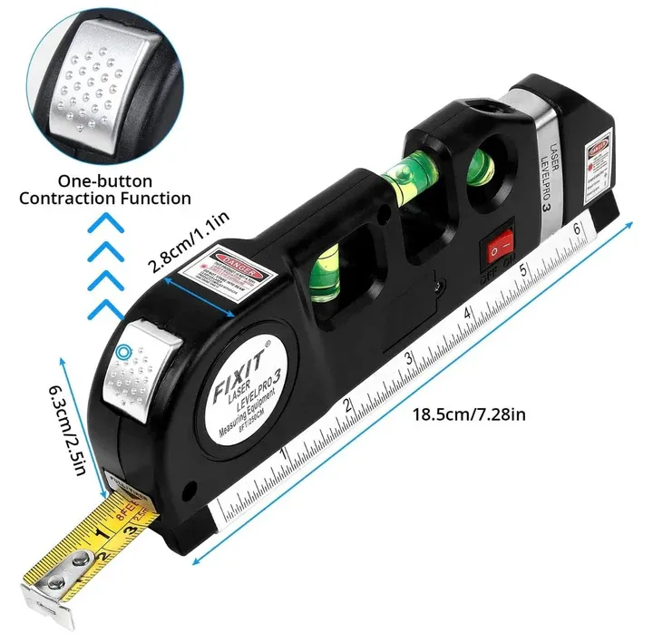 Niveau laser 4 en 1 Fixit Pro 3 Outil de mesure polyvalent 4 en 1 avec ruban de 8 pieds