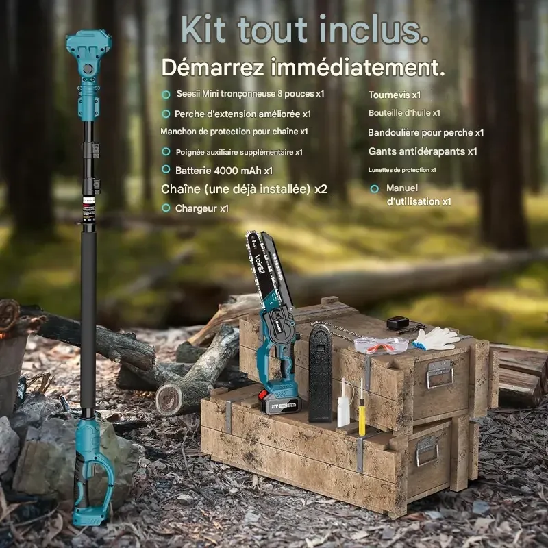 Scie à perche sans fil 2 en 1 SeeSii Power de 20 cm (8 pouces) pour l'élagage d'arbres, avec 2 batteries de 4,0 Ah, tronçonneuse avec rallonge, coupe-branches P8 Ace CS300Pro-APS61 CH800B