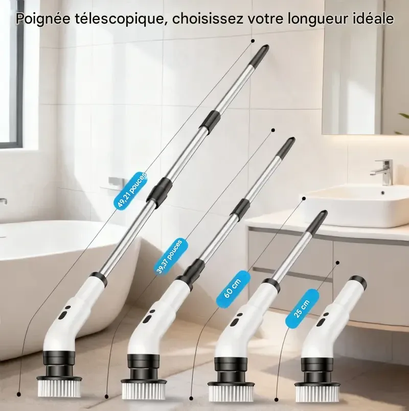 Brosse de nettoyage électrique rotative sans fil, étanche IPX7, utilisable sur de nombreuses surfaces, longue autonomie, 5 vitesses réglables, poignée extensible, 9 têtes de brosse interchangeables, kit de nettoyage multi-usages pour salle de bain et cuisine.
