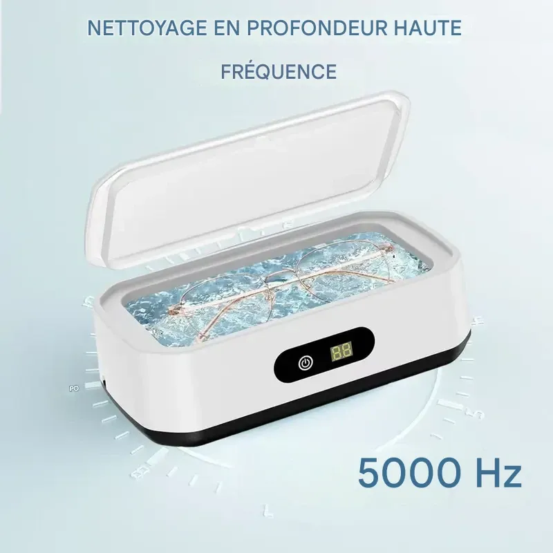 Nettoyeur à ultrasons avec cuve en acier inoxydable 304. Appareil de nettoyage sonique pour lunettes, bagues, bracelets de montre, prothèses dentaires, appareils de contention, pièces de monnaie, outils de maquillage et petites pièces métalliques. Usage domestique et en voyage.