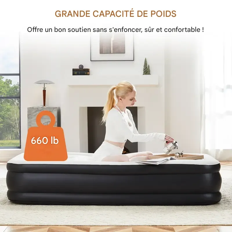 Matelas pneumatique gonflable avec pompe intégrée haute capacité, double hauteur, réglable et fond antidérapant.