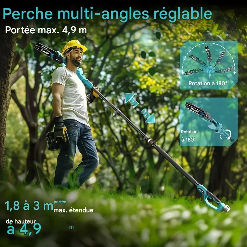 Scie à perche sans fil 2 en 1 SeeSii Power de 20 cm (8 pouces) pour l'élagage d'arbres, avec 2 batteries de 4,0 Ah, tronçonneuse avec rallonge, coupe-branches P8 Ace CS300Pro-APS61 CH800B