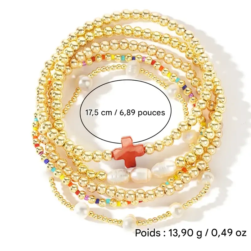 Ensemble de bracelets Shinus Boho plaqués or, perles et croix, extensibles, style bohème, bijoux chrétiens colorés, cadeau tendance pour femme, idéal pour l'amitié.