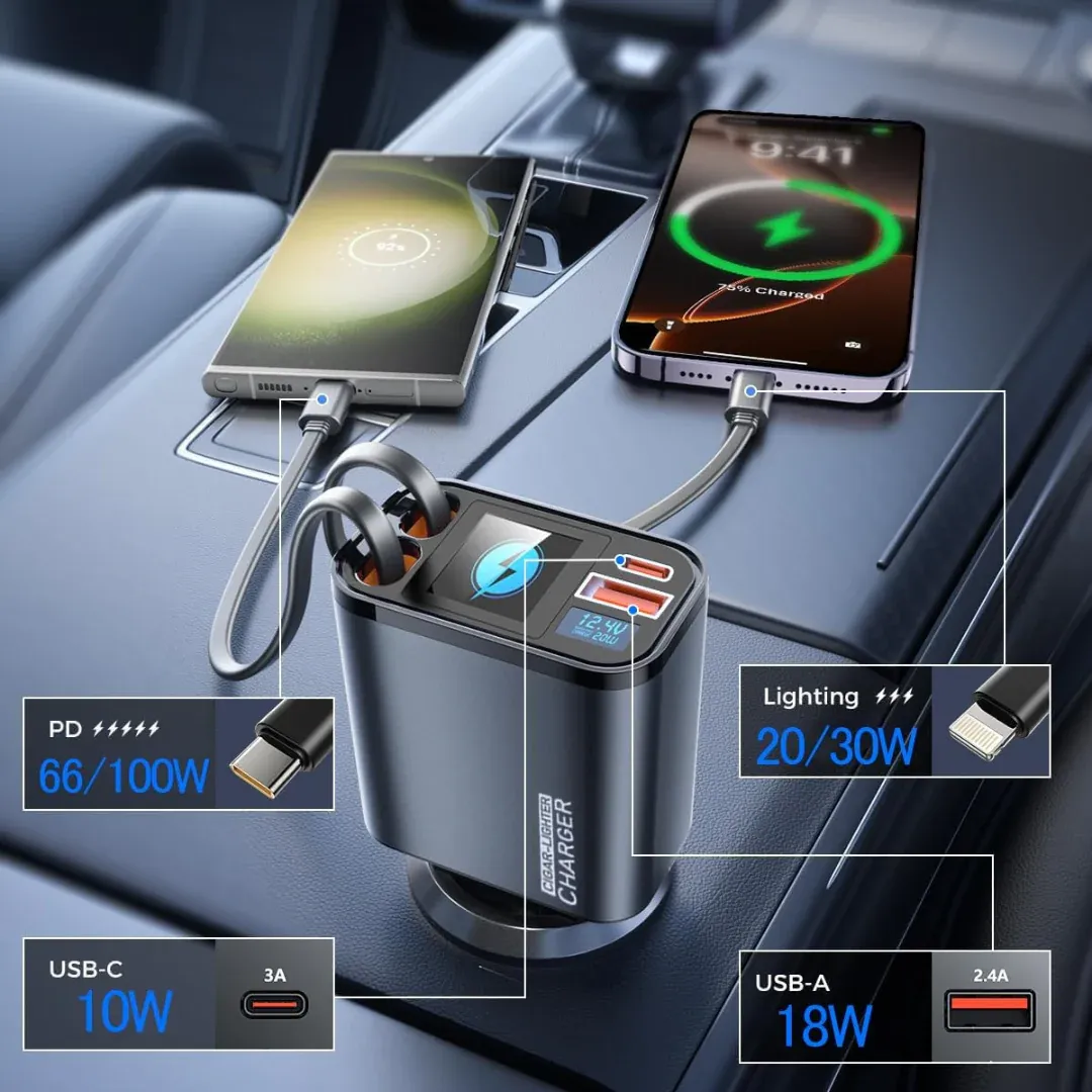 Chargeur Voiture Rétractable Ultra-Rapide 66W 4-en-1 avec Câbles Intégrés