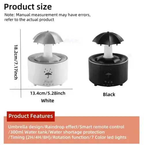 Veilleuse LED colorée avec télécommande, parapluie rotatif, humidificateur à gouttes d'eau, diffuseur d'huiles essentielles à ultrasons pour bureau