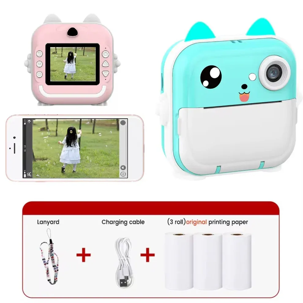 Appareil Photo Instantané pour Enfant – Impression, Vidéo, Jeux, Écran HD, Application Fun Print pour Connecter à un appareil et Personnalisation, 3 Rouleaux Inclus, Oreilles Lumineuses