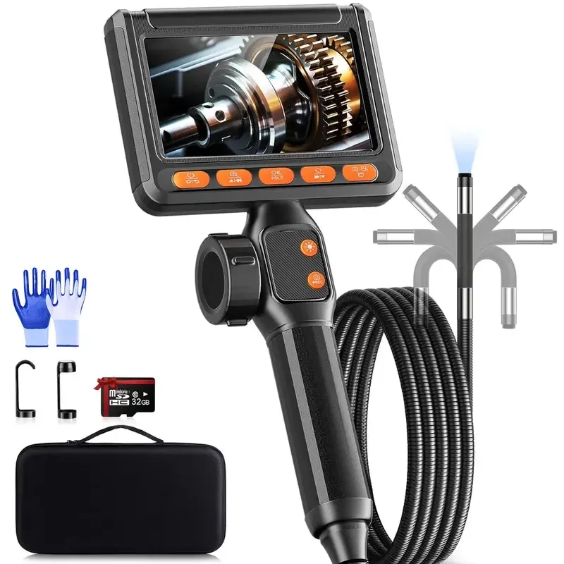 Caméra endoscopique bidirectionnelle SHEKAR 0,33 po x 0,23 po avec carte mémoire 32 Go, endoscope étanche rotatif à 360° avec lumière, caméra serpent articulée, idéale pour l'inspection automobile, mécanique, murale, de véhicules, de canalisations et le bricolage.