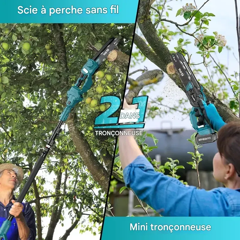 Scie à perche sans fil 2 en 1 SeeSii Power de 20 cm (8 pouces) pour l'élagage d'arbres, avec 2 batteries de 4,0 Ah, tronçonneuse avec rallonge, coupe-branches P8 Ace CS300Pro-APS61 CH800B