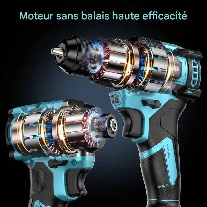 Kit combiné perceuse sans fil sans balais Seesii 3-8'' et visseuse à chocs 1-4'' avec 2 batteries, ensemble d'outils électriques sans balais 21 V Max avec chargeur rapide, offres du Black Friday