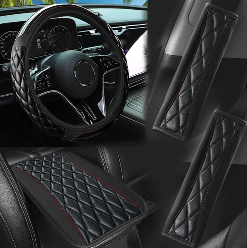 Coussin d'accoudoir et housses d'épaule pour ceinture de sécurité en cuir PU surpiqué — Accessoires d'intérieur automobile