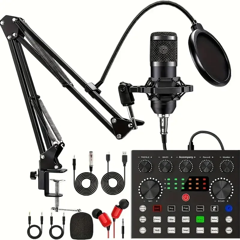 Pack d'équipements pour podcasts, interface audio V8s avec carte son live tout-en-un et microphone à condensateur BM800