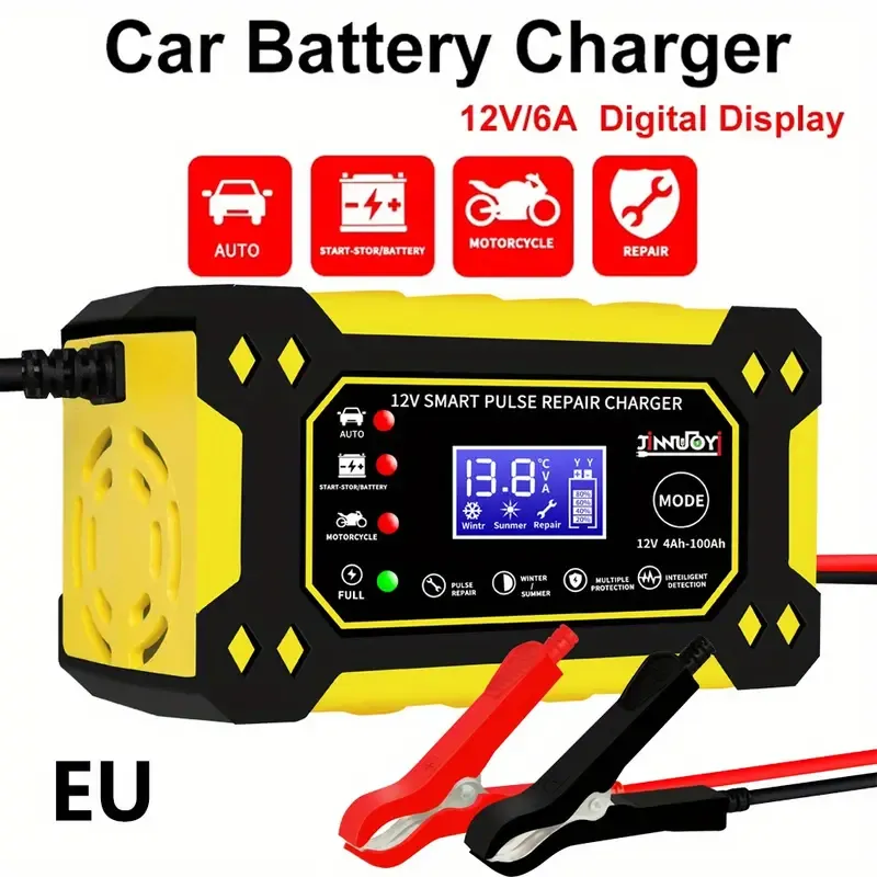 Chargeur de batterie intelligent 12 V 6 A avec réparation par impulsions et affichage numérique – Multimode, multiprotection pour batteries plomb-acide de voitures, motos et SUV (prise UE), batterie rechargeable