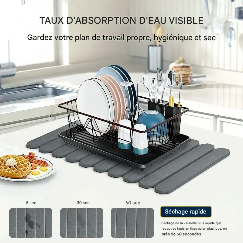 Tapis égouttoir à vaisselle Msercuor en grande pierre (61 x 41 cm), en terre de diatomées, pliable, à drainage rapide, pour plan de travail de cuisine, avec papier de verre et sous-verres antidérapants.