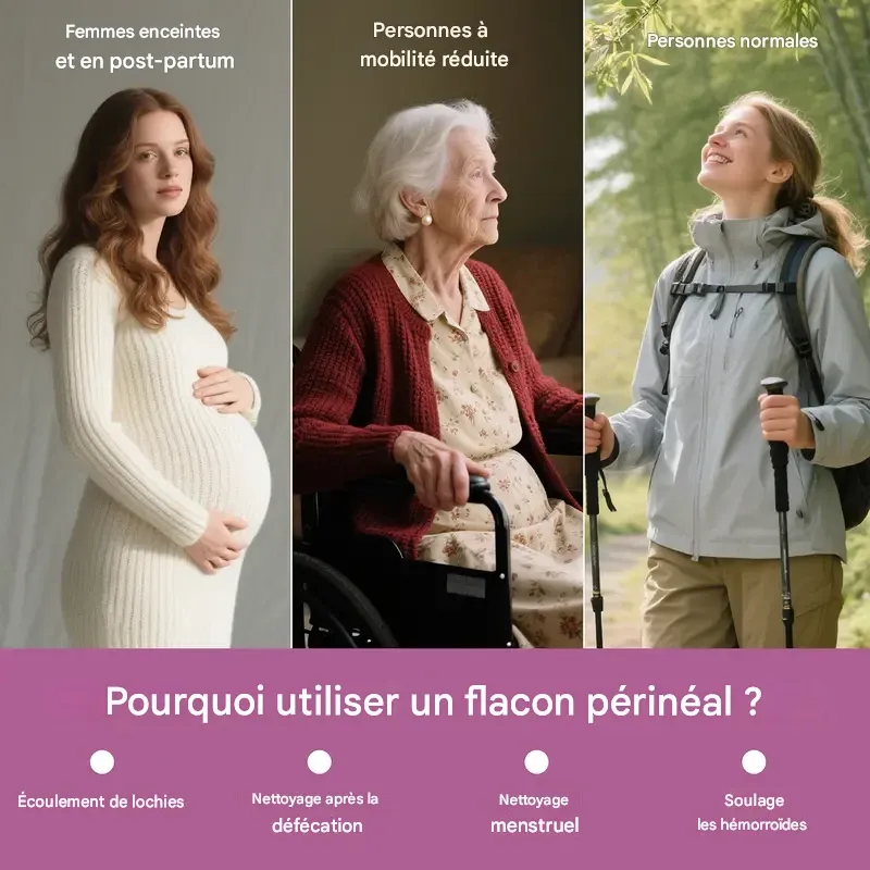 Flacon périnéal 500 ml (5 modèles) pour le post-partum, bidet portable, flacon périnéal indispensable après l'accouchement, flacon périnéal inversé pour la récupération post-partum, soins post-partum avec sac de transport, cadeau doux quotidien en silicone et plastique nettoyant pour maman