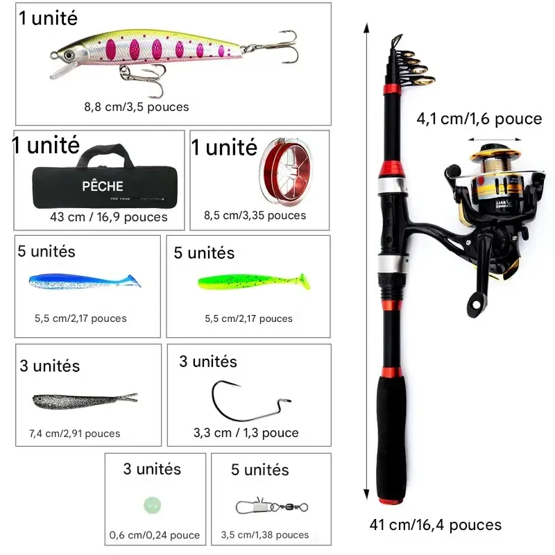 Kit d'accessoires de pêche portable pour la pêche en extérieur : canne à pêche télescopique de 1,8 m, moulinet, sac de pêche et leurres.
