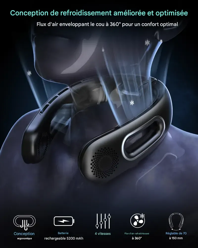 Ventilateur de cou mains libres sans pales, portable et rechargeable, avec ventilation à 360°, 4 vitesses, silencieux, batterie 5200 mAh, alimentation USB. Idéal comme cadeau pour les femmes, les voyages et les activités de plein air.